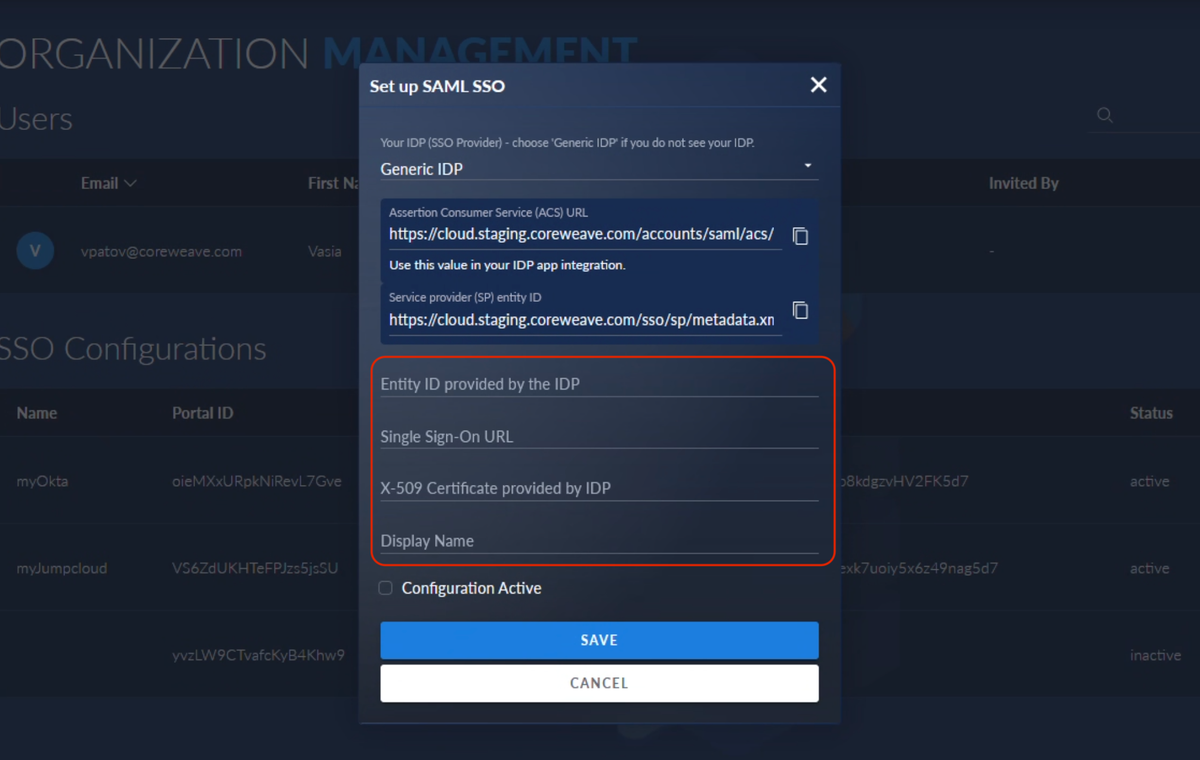 IDP-provided fields, and the Display Name, in the SSO module